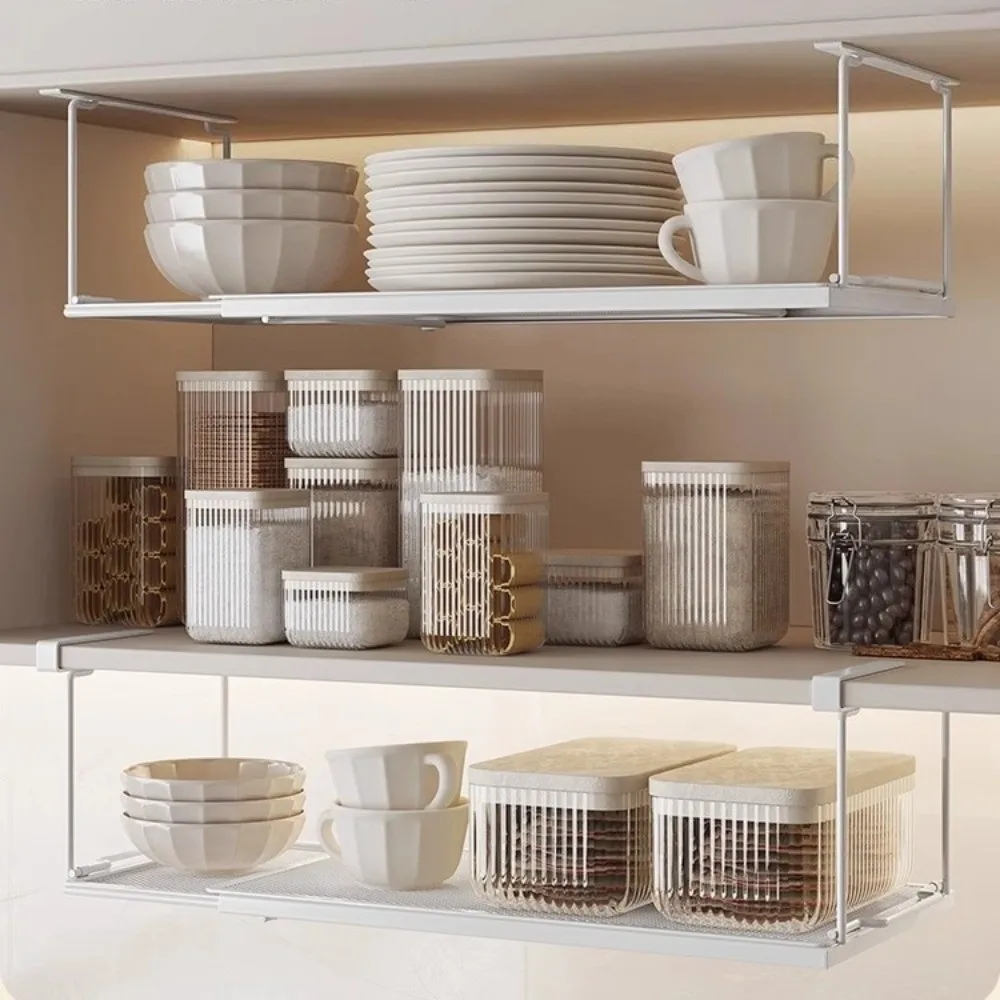 New Metal Under Cabinet Shelf Space Saving Extendable Under Desk Storage Rack Multi-purpose Hanging Storage Basket Kitchen Use