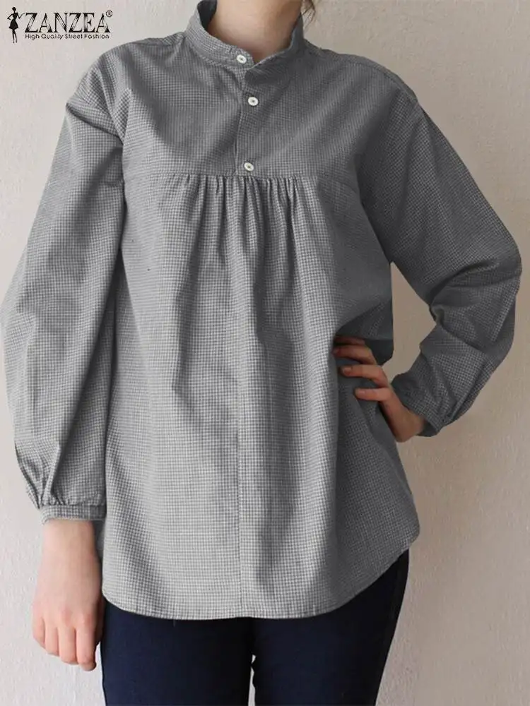 ZANZEA Women Check Blouse 2024 Spring Solid Tops Elegant Simple Casual Loose Pleated Blusas Fashion Stand Collar Buttons Tunic