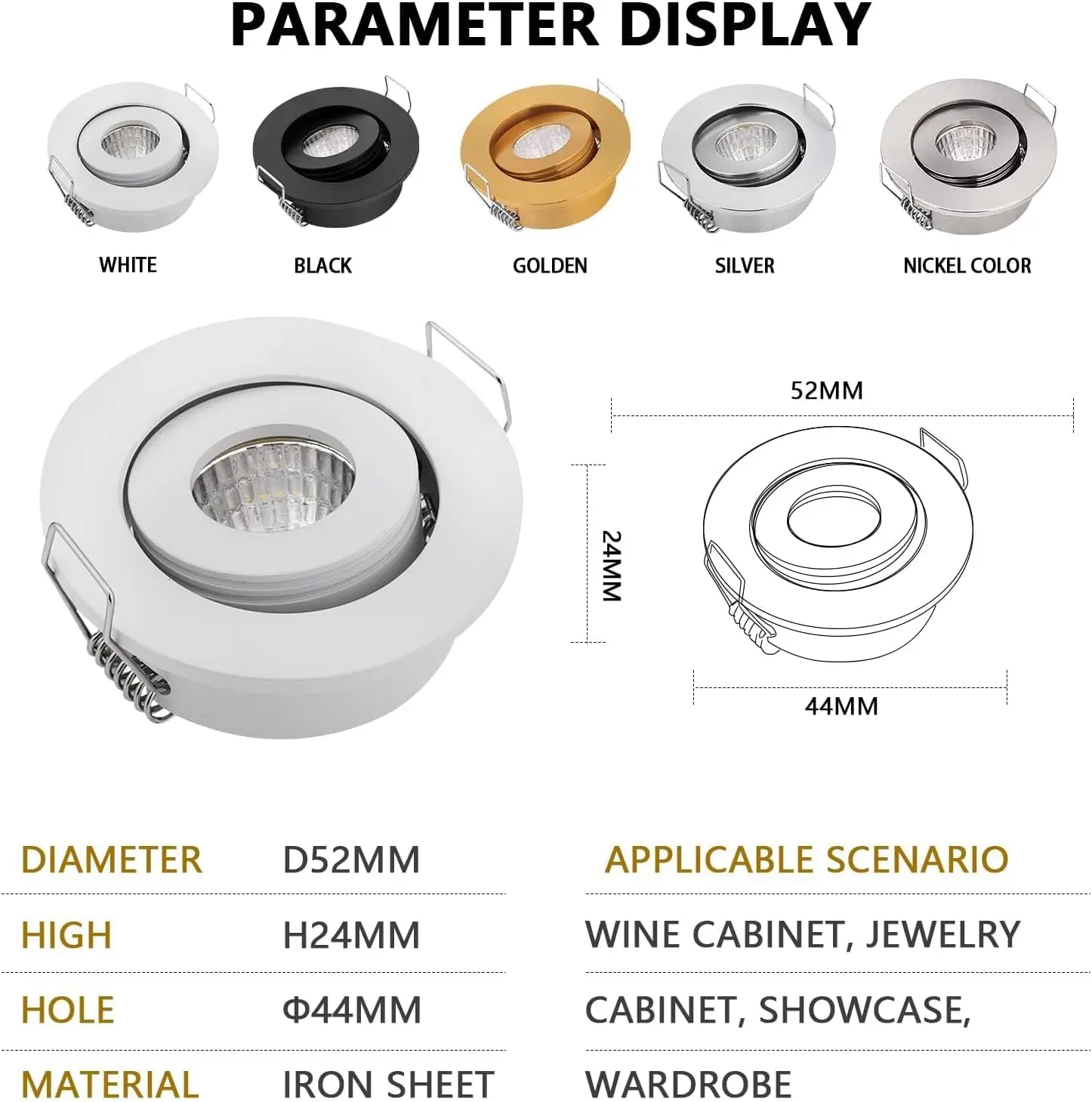 10 Pack 3W COB Mini projecteurs LED réglables encastrés Downlights lampe d'éclairage d'accent pour armoire placard trou taille 42-45mm