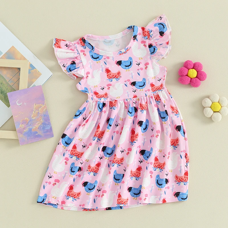 Toddler Baby Girl Summer Dresses Cartoon Chicken Print Ruffle Sleeve Dress Funny Farm Casual Skirt 6-18 Months 2-4T