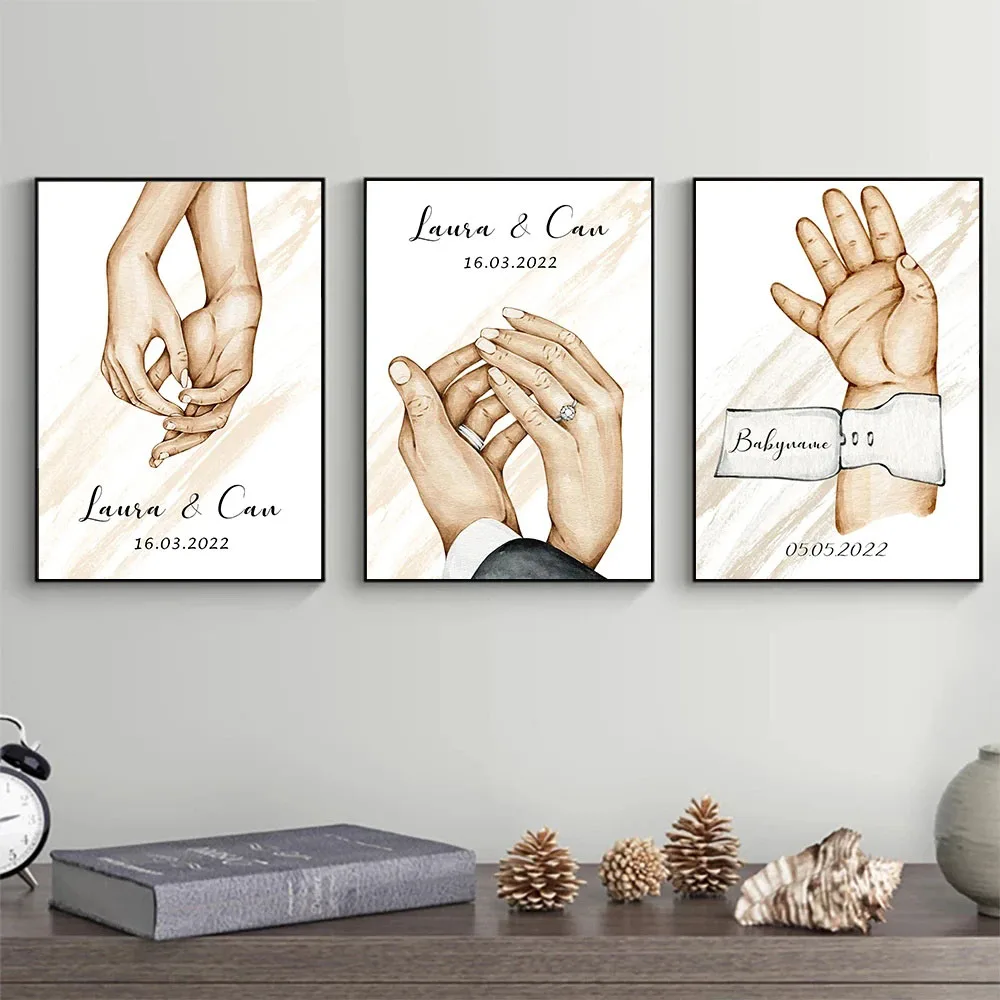 Custom Your Poster Prints Lover Baby Hands Name Canvas Painting Wall Art Pictures Family of 3 Living Room Interior Home Decor