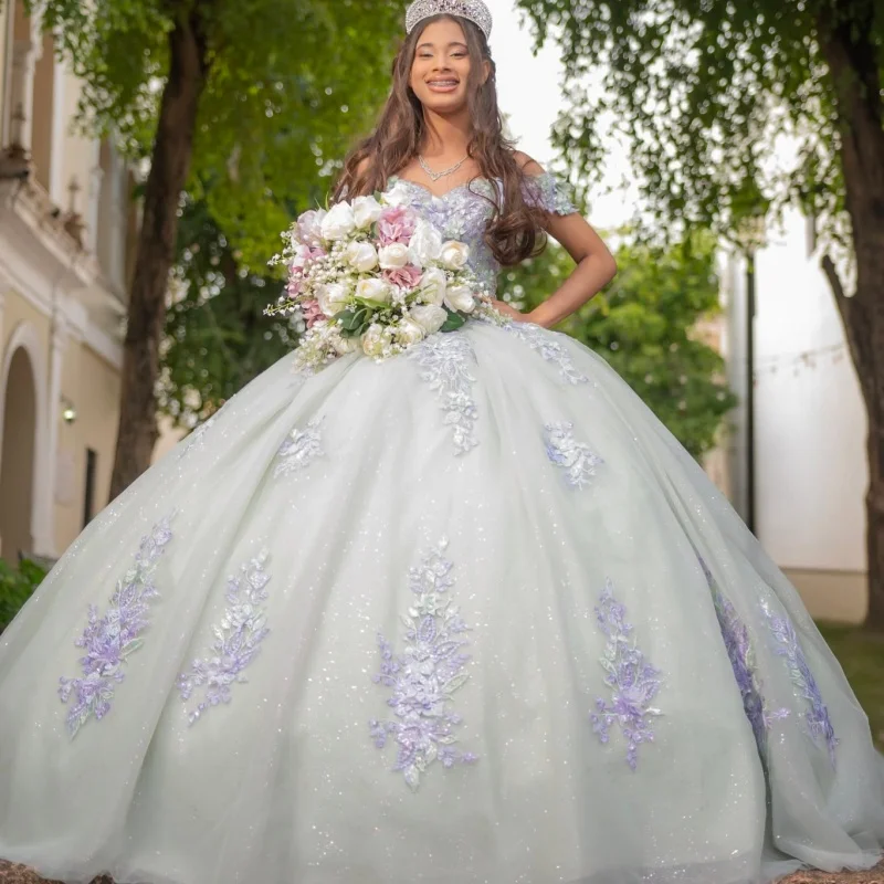 

Light Pink Quinceanera Dress off-shoulder Sequins 3D Flower Decal Long tail Bow vestidos de 15 Quinceanera ﻿Customize