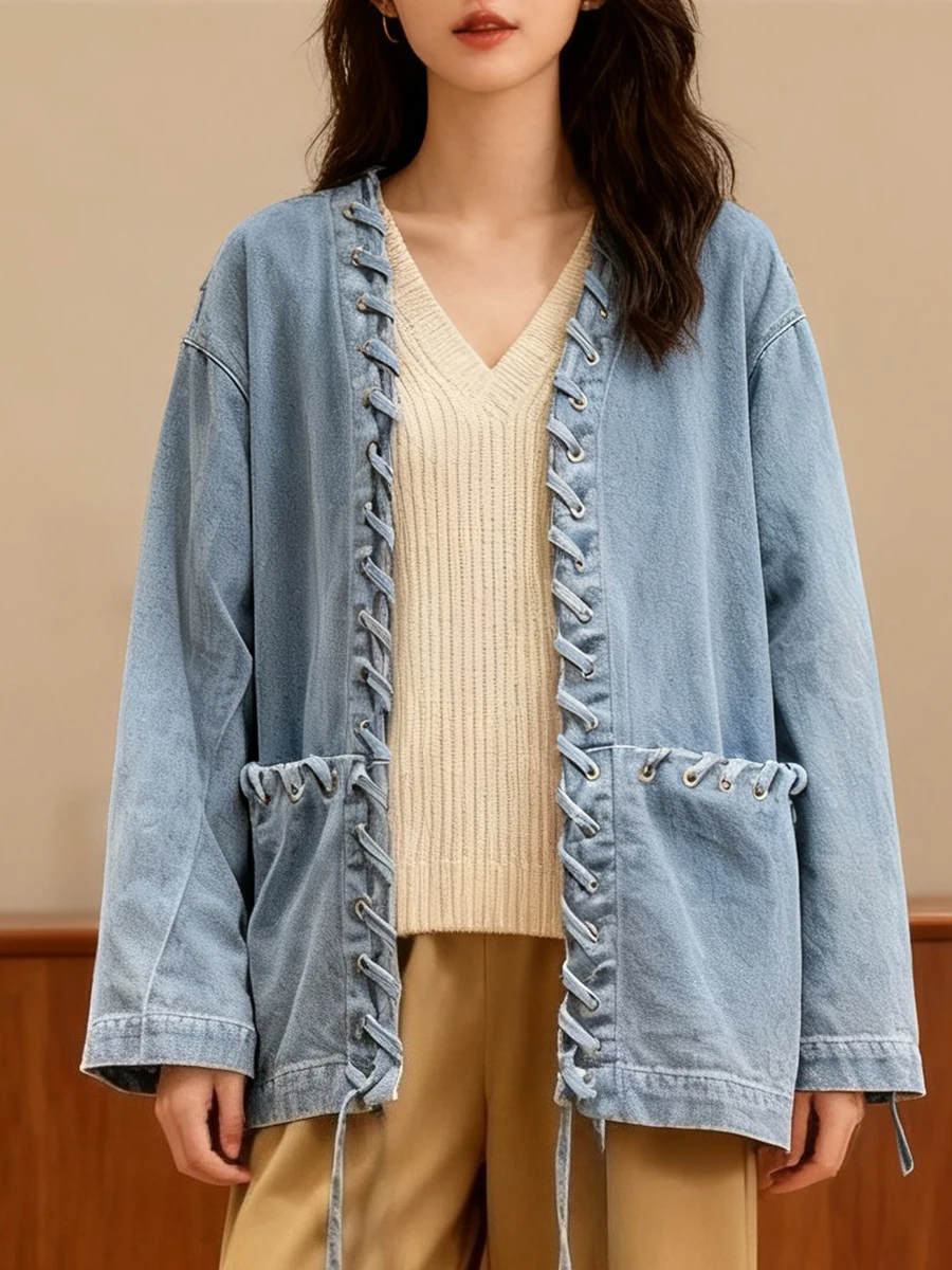 VGH Solid Spliced Pockets Loose Coats for Women V Neck Long Sleeve Patchwork Drawstring Design Sense Coat Female Fashion Style