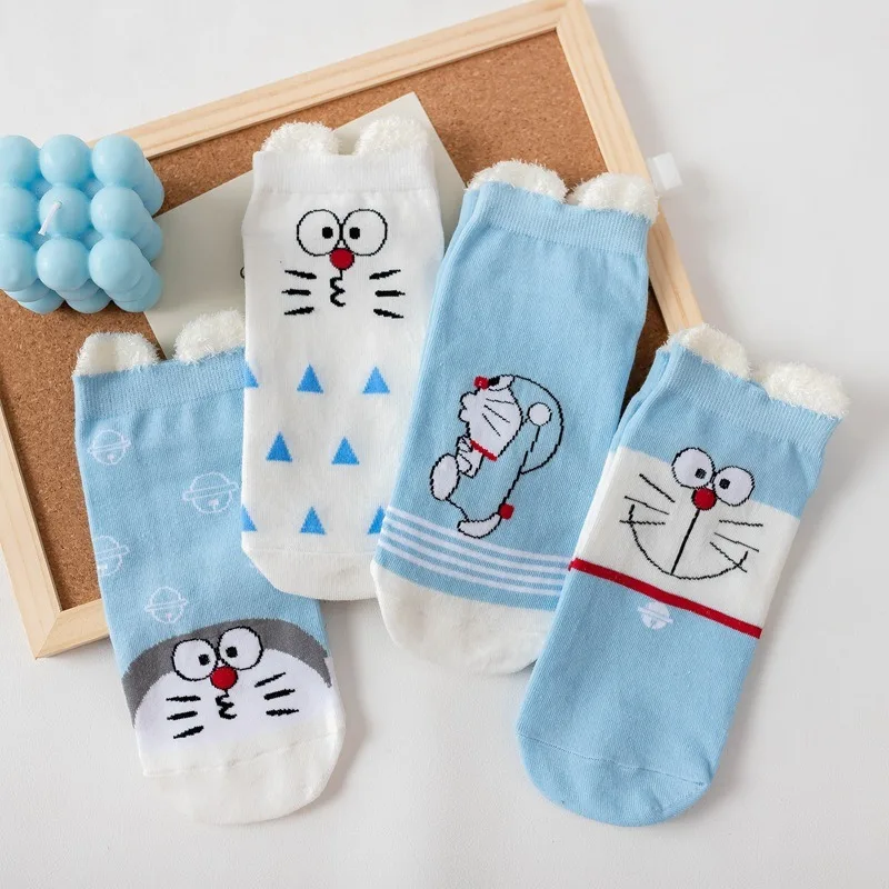 Doraemon Cotton Boat Socks Student Cartoon Anime Low Cut Ankle Boat Socks Cute Feather Yarn Three-dimensional Ear Mouth Socks