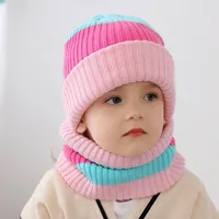 Girls Cute Knitted Color Block Hat Scarf Set, Soft Thermal Comfortable Striped Hat For Winter
