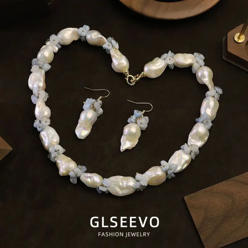 Design Natural Baroque Pearl Aquamarine Necklace And Earring Set Versatile Jewelry