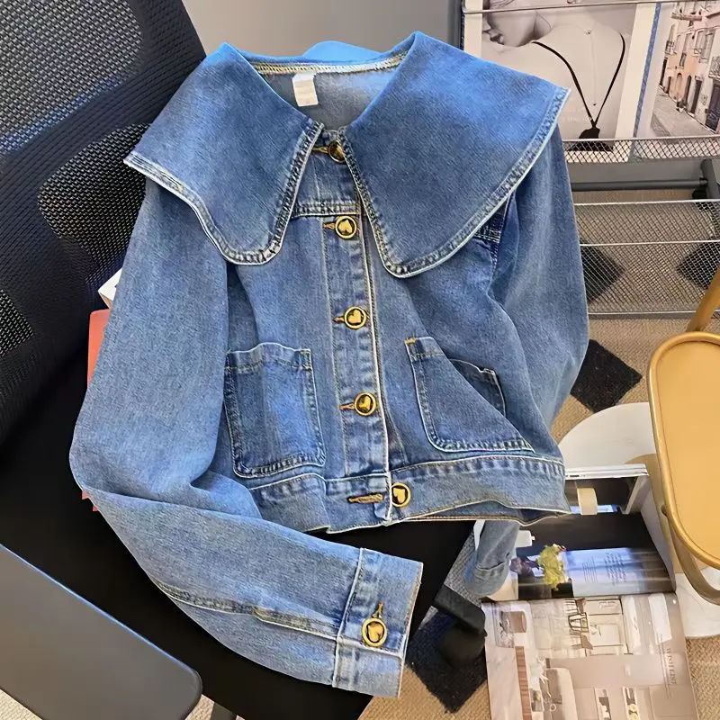 

New Women Denim Jackets Korean Chic Doll Neck Long Sleeve Single-breasted Jean Coat Vintage Cropped Tops Casual Outerwear Blue