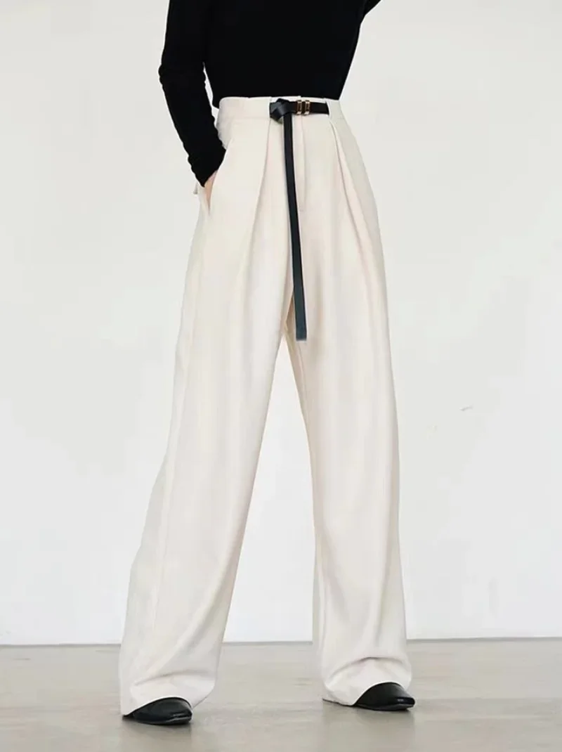 2022 Early Autumn New Minimalist Design  Linen Belt High Waist Pleated Loose Wide Leg Trousers Women Pants