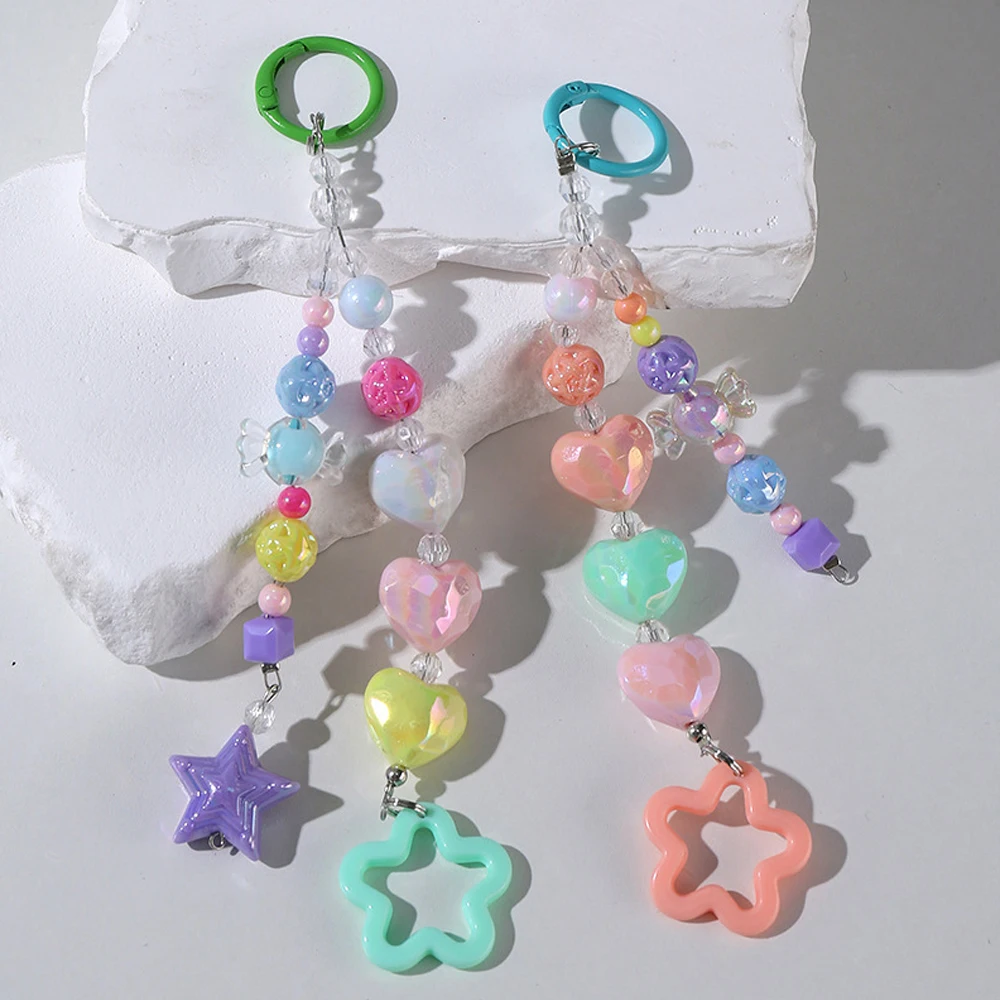 Handmade Beaded Phone Lanyard Wrist Strap Colorful Acrylic Star Heart Shaped Keychain Purse Backpack Handbags Decor Girl Gift