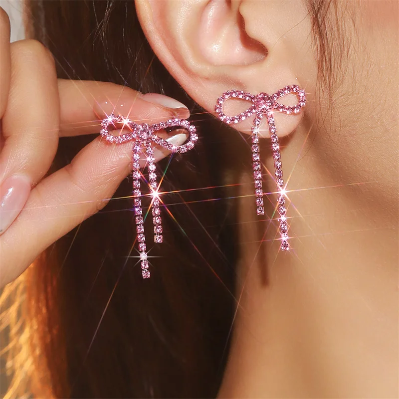 Elegant Rhinestone Bow Tassel Earrings for Women Vibrant Delicate Colorful Crystal Tassel Earrings Party Jewellery Accessories