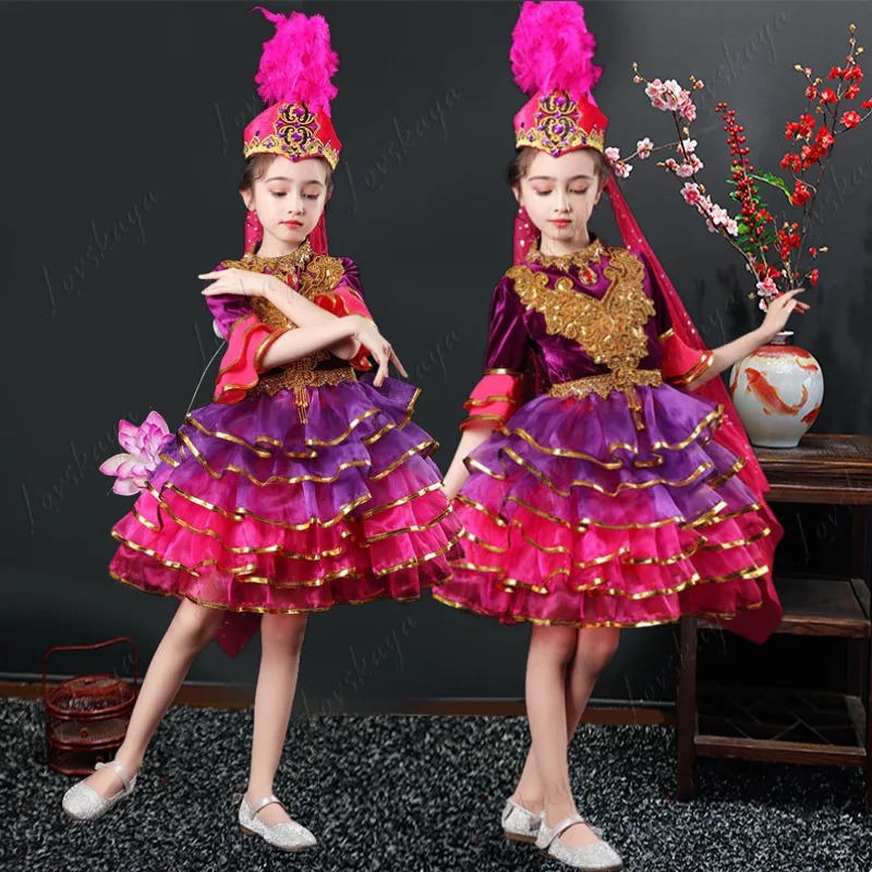 Vestido de Baile Tradicional Uyghur Kazajo para Niñas, Traje de Actuación Folclórica de Xinjiang para Niños