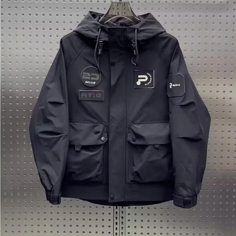 سترة رجالية فضفاضة بغطاء للرأس لفصلي الربيع والخريف، بأسلوب كوري عصري للشباب، مقاومة للرياح، مصنوعة من ألياف البوليستر، بأكما...