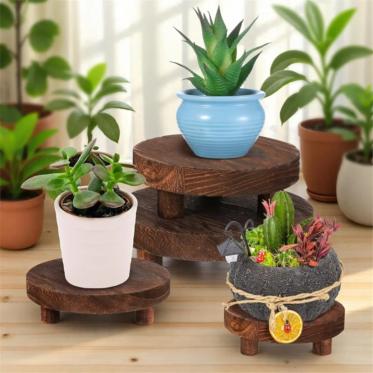 4 Pcs Round Wood Risers Display Stands, Rustic Wooden Riser Holder Tiered Tray Decor for Kitchen Counter, 4 Sizes Brown