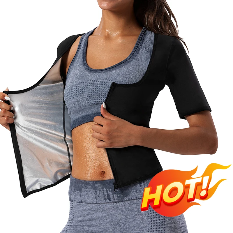 Women Sauna Vest Sweat Workout Shirt Zipper Compression Tank Top Heat Trapping Waist Trainer Body Shaper Fitness Shapewear Belt