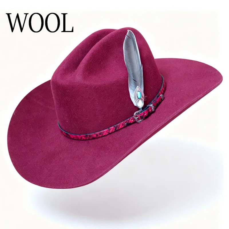 Burgundy 10CM Wool Autumn Winter Western Cowboy Hat Gem Set Snakeskin Accessories Felt Hat with Belt Feather adorned