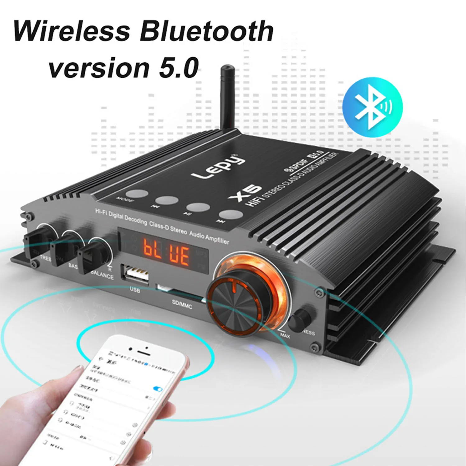 X5 100W*2 Bluetooth 5.0 Digital Class-D 2Channel for 4 Speaker Power Amplifier Coaxial Decoding USB Lossless Play USB COA OPT