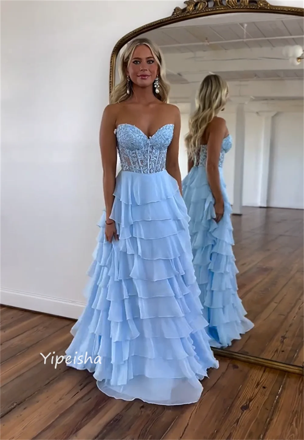 Sexy Exquisite Strapless Ball Gown Tiered Appliques Beading Chiffon Bespoke Occasion Dresses Evening 