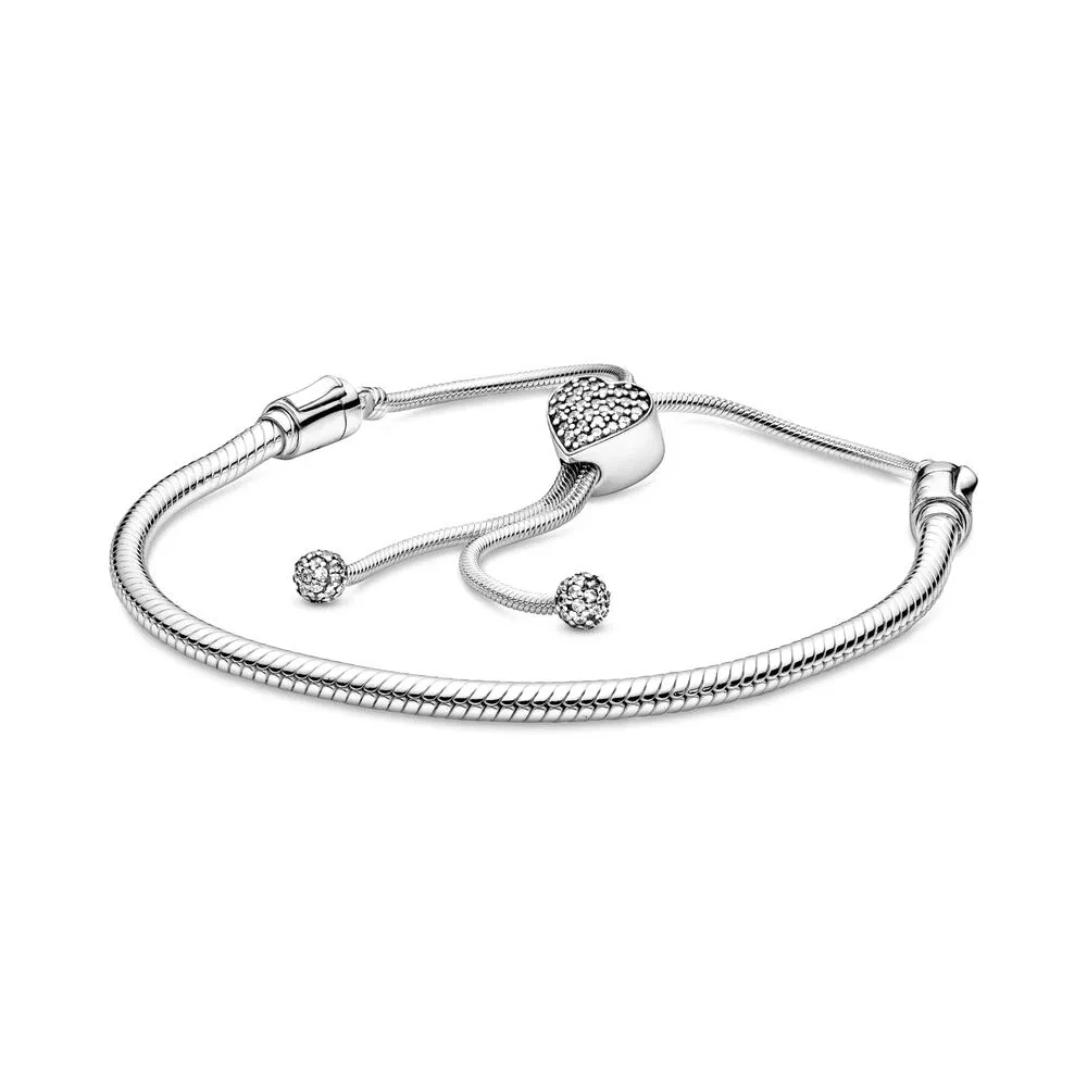 New Original  DIY Jewelry Rose Moments Pave Wishful Heart Clasp Snake Chain Bracelet Suitable For Bangle Plated Charm