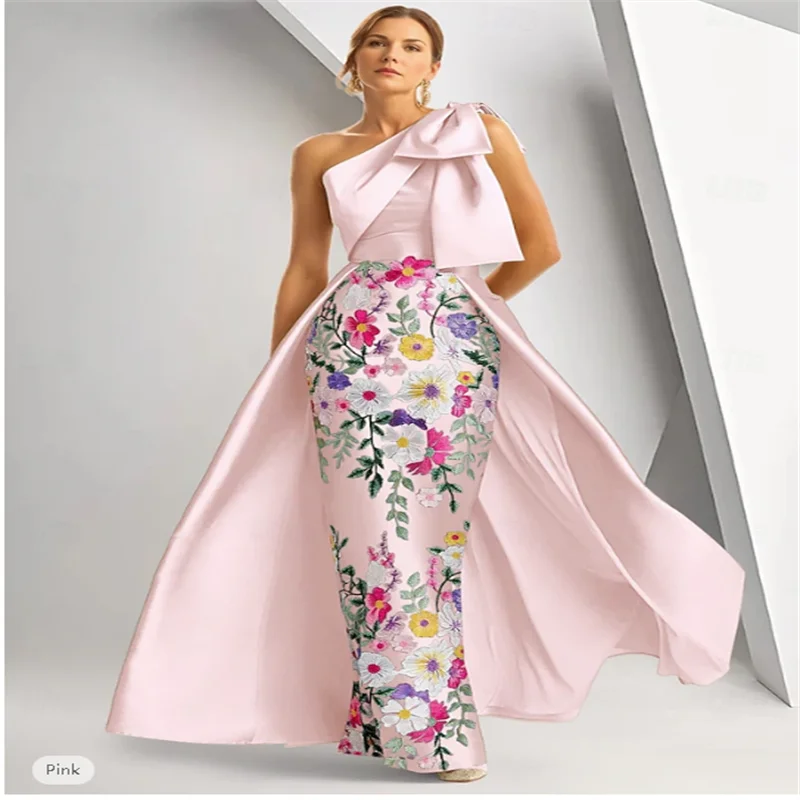 Floral Embroidered A-Line Evening Gown Elegant Dress Formal Wedding Floor Length Sleeveless One Shoulder Satin with Bow(s)