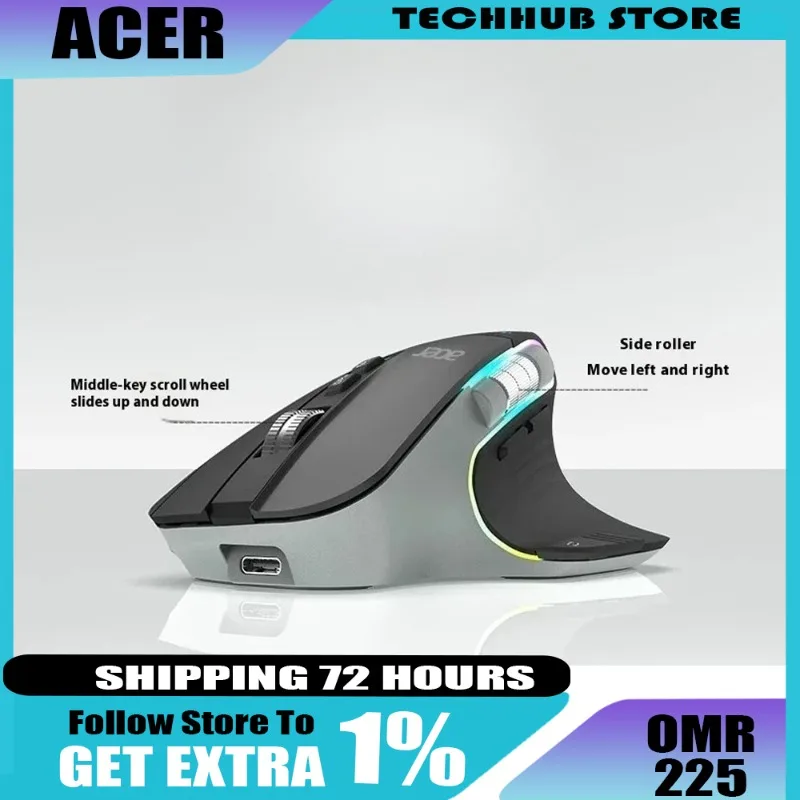 

Acer Omr225 Wireless Mouse 3mode Bluetooth Gaming Dual Scroll RGB Ergonomic Mouse Custom Programming Office PC DPI Adjustment