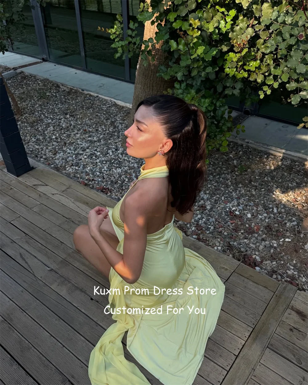 Kuxm Satin Backless Vestidos De Festa Halter High Slit A Line Robe De Soirée Sleeveless Vintage Evening Dresses Customized