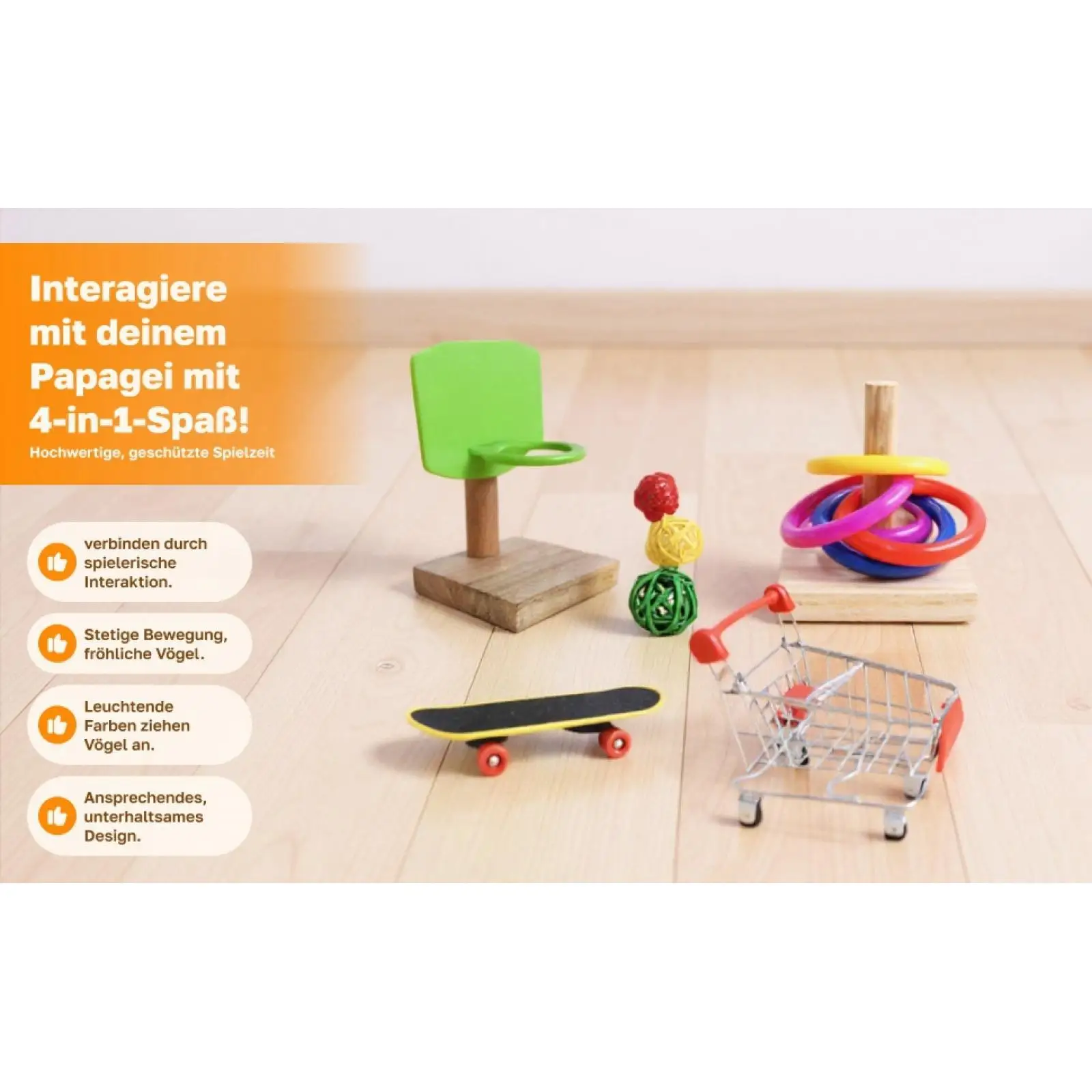Set de 3 juguetes para cotorras, conures y agapornis: baloncesto, carrito y patineta