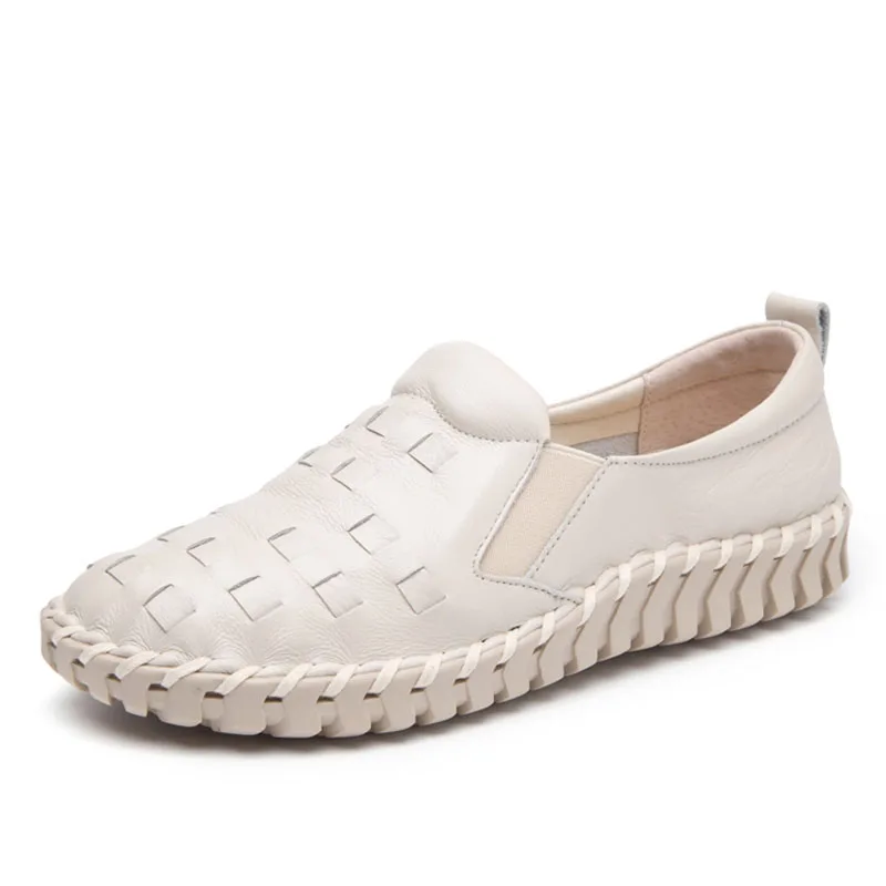 DRKANOL Handmade Sewing Genuine Leather Loafers Women Slip On Flat Shoes Shallow Soft Sole Comfort Pregnant Women Casual Shoes