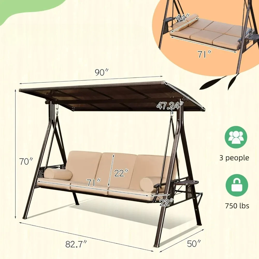 71in Outdoor Porch Swing with Hardtop, 3 Seat Patio Bench with 2 Side Cup Holder, Convertible Backrest Swing Bed with Cushion