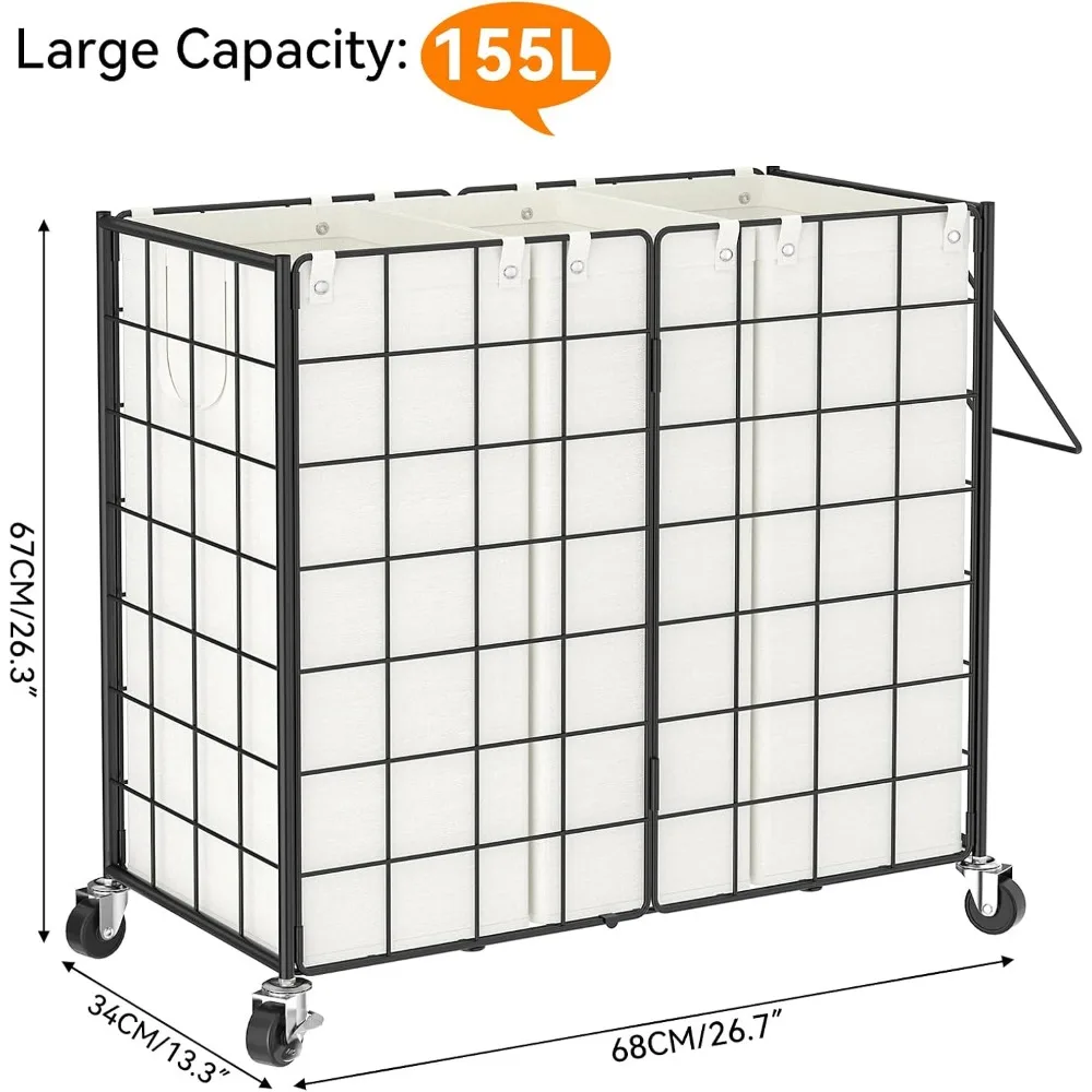 سلة غسيل سلكية معدنية متدحرجة مكونة من 3 أقسام مع أكياس قابلة للإزالة، سعة 150 لتر لتخزين الملابس القذرة
