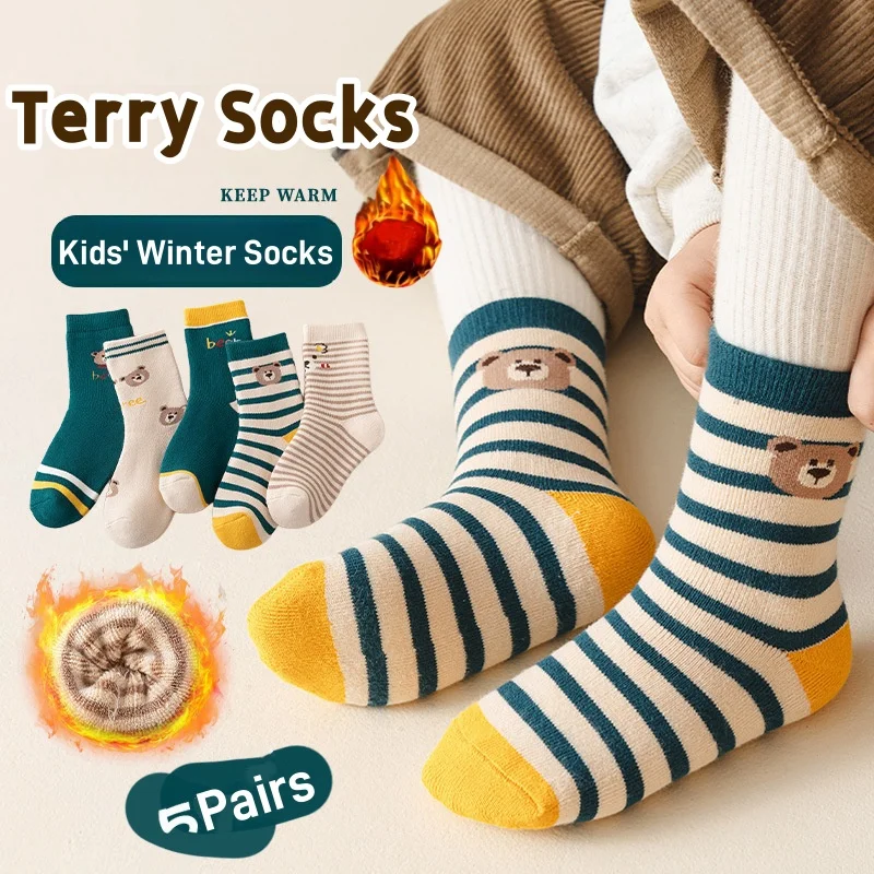 

Baby Winter Socks Thick Cotton Warm Socks Kids Boys Girls Cute Cartoon Bear Socks 5 Pairs/bag Children's Thermal Terry Socks
