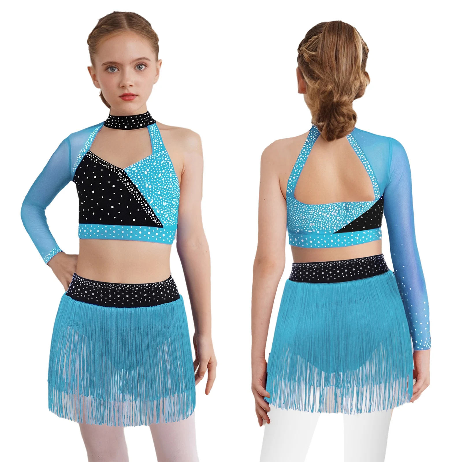 

Kids Girls Lyrical Latin Tango Samba Dance Performance Outfits Single Shoulder Crop Top with Tassel Skirt for Latin Class Outfit