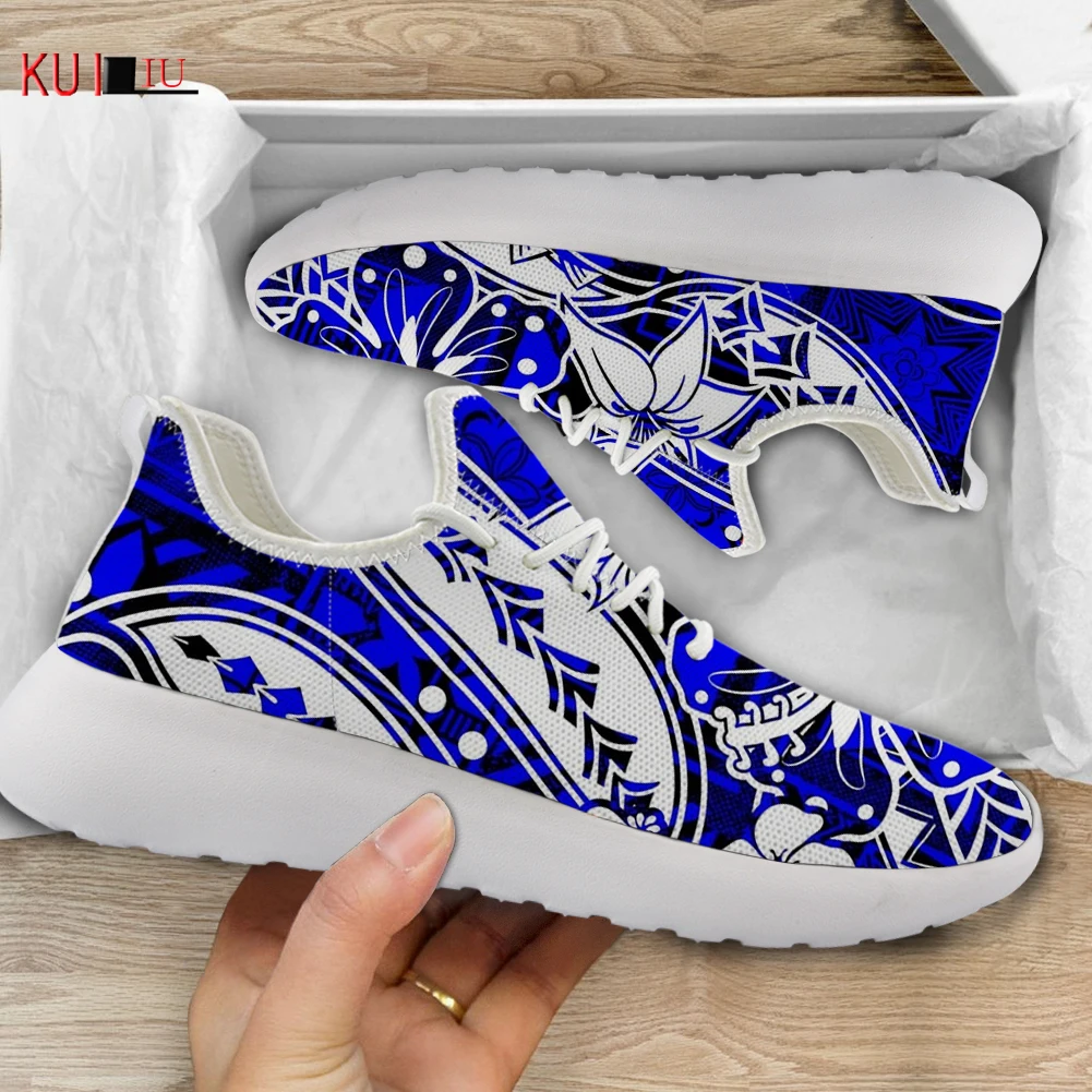 

KUILIU Hawaiian Midnight Blue Tribal Women Casual Flats Shoes Light Air Mesh Spring/Autumn Sneakers Young Girls Lace Up Footwear