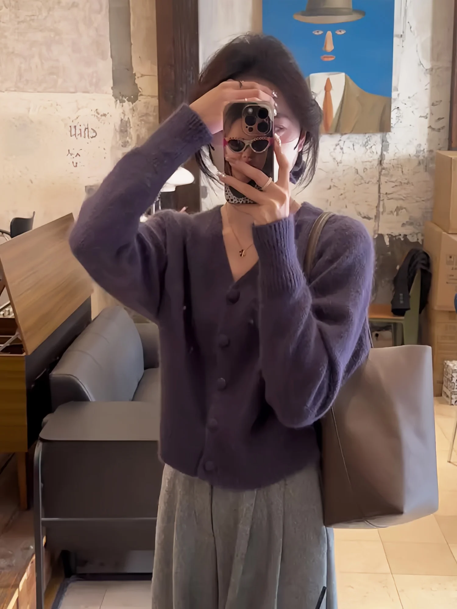 Ch � kY 소프트 브이넥 니트 오픈 가디건 여성용 봄 가을 퍼플 스웨터 독특하고 다재다능한 롱 스웨터 캐주얼 스타일