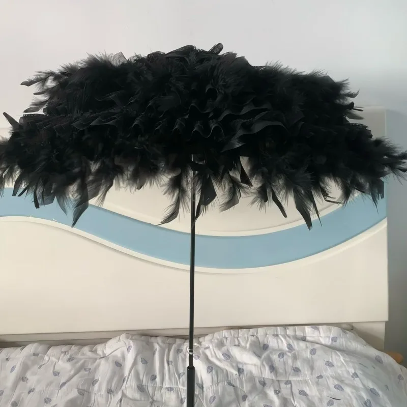 Handmade Black Feather Lolita Parasol Lace Decor Princess Style Umbrella Cosplay Photoshoot Prop
