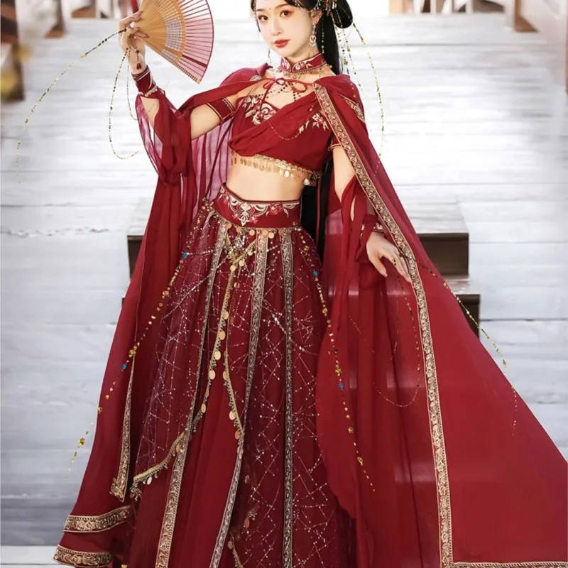 

Exotic Hanfu dance costume Western goddess red cloak suit