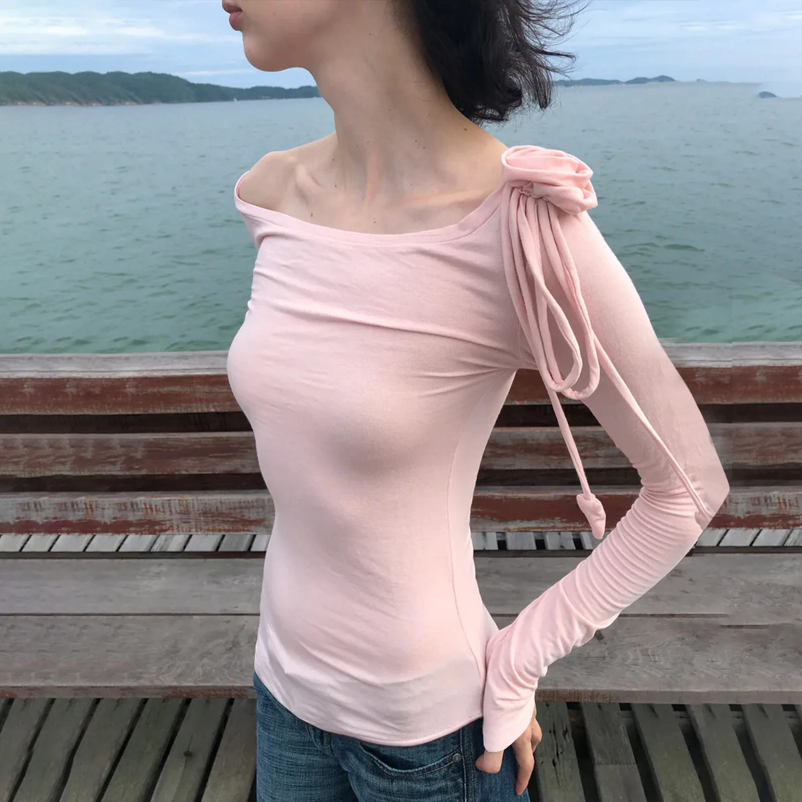 

Apprabant женский сексуальный элегантный топ с открытыми плечами трехмерная цветочная шнуровка тонкая футболка с длинными рукавами модная повседневная уличная одежда