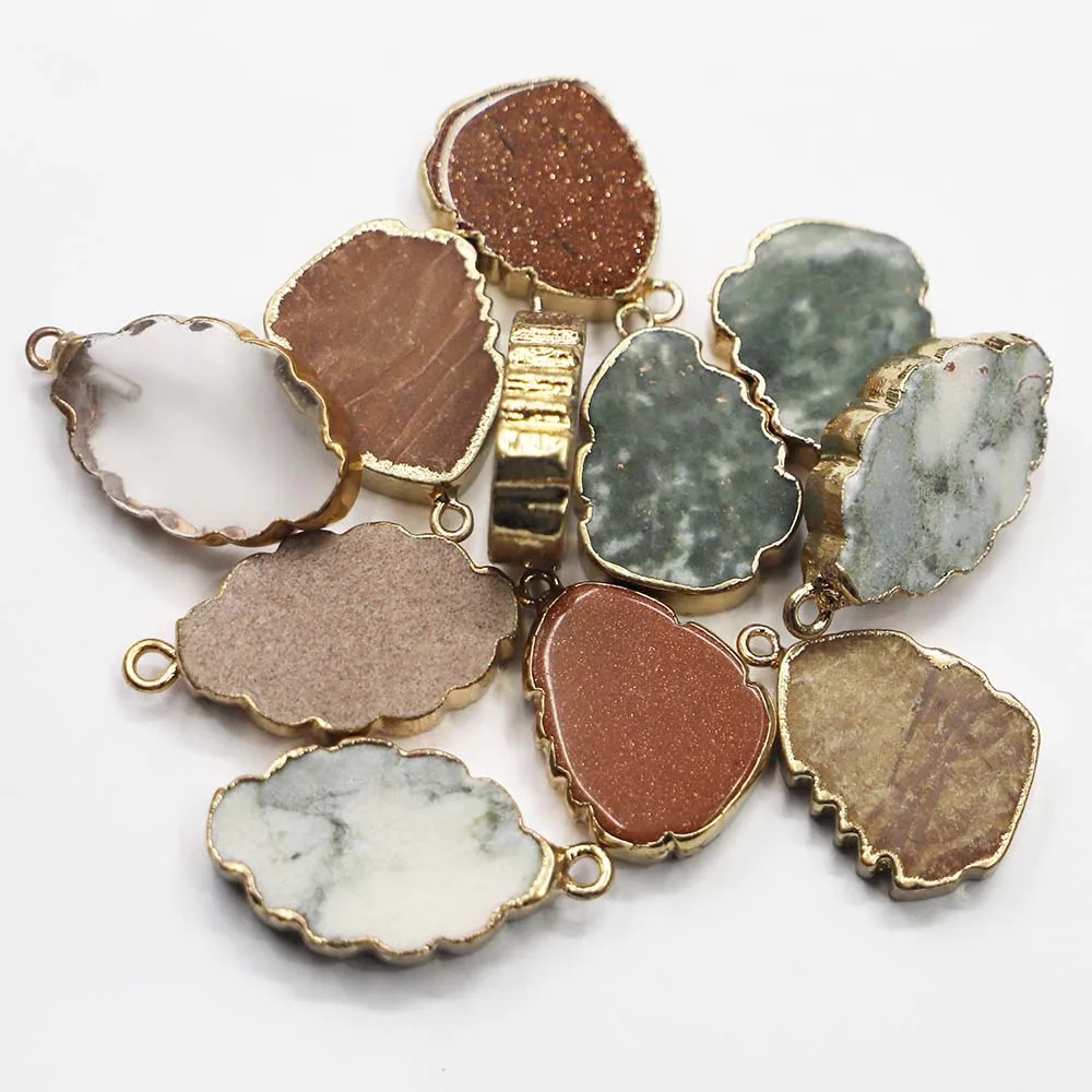 Natural Stone Agate Lace Irregular Gold Rim Necklace Pendant Healing Fashion Charm DIY Making Jewelry Accessories Wholesale 6Pcs