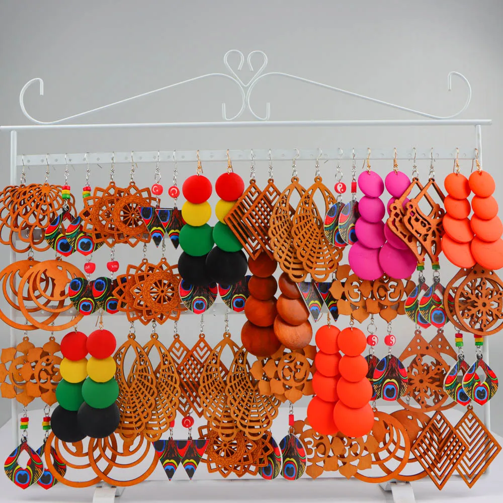10/20/30/50Pairs/Lot Fashionable Printed Women\'s Wooden Thread  Bohemian Vintage Hanging Earrings Daily Jewelry Randomly Shipped