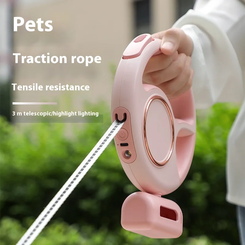 

Pet Leash Multifunctional Automatic Retractable LED Lighting Dog Chain Dog Walking Artifact Retractable with Poo Bag Dispenser