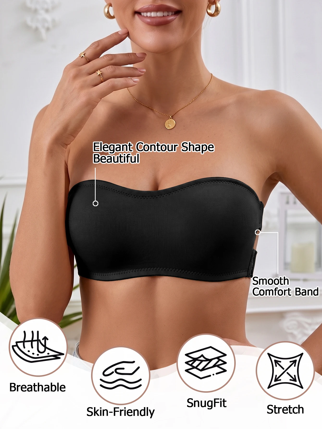 Women's Wire-free Strapless Bra Solid Basic Anti-slip Side Support Bandeau Smooth Seamless Bralette view 5