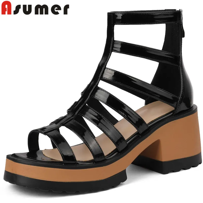 ASUMER 2022 New Zipper Patent Leather Women Sandals Retro Square High Heels Platform Sandals Popular Ladies Dress Shoes