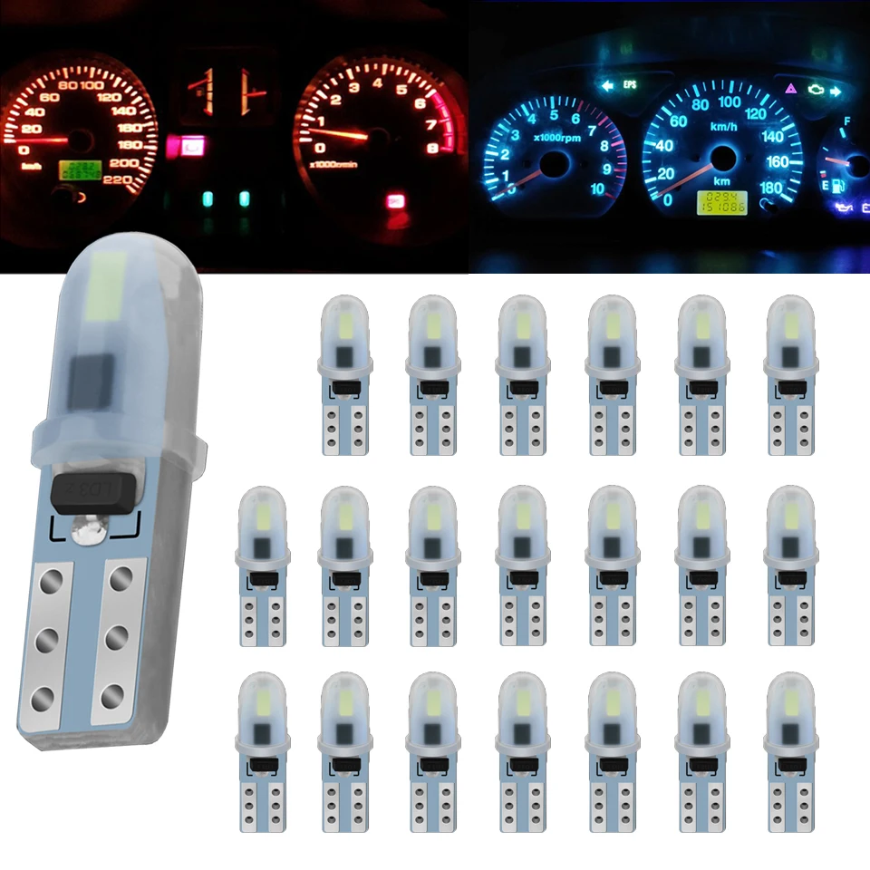 20X T5 Led W3W W1.2W 7 Colours Car Interior Light Indicator Dashboard Gauge Instrument Wedge Lamp Auto Signal Light Bulb DC12V