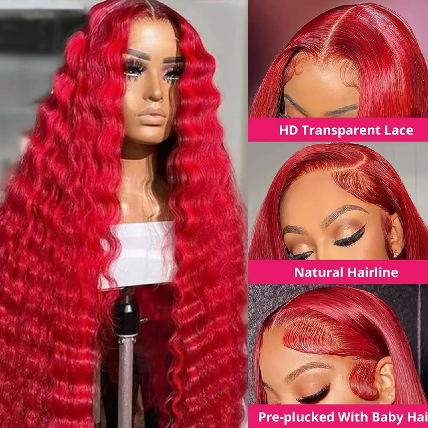 Peluca de onda profunda roja de 34 y 38 pulgadas, peluca de cabello humano con encaje Frontal 13x6 Hd, pelucas frontales de encaje de pelo Real de Brasil de 250 de densidad para mujeres negras