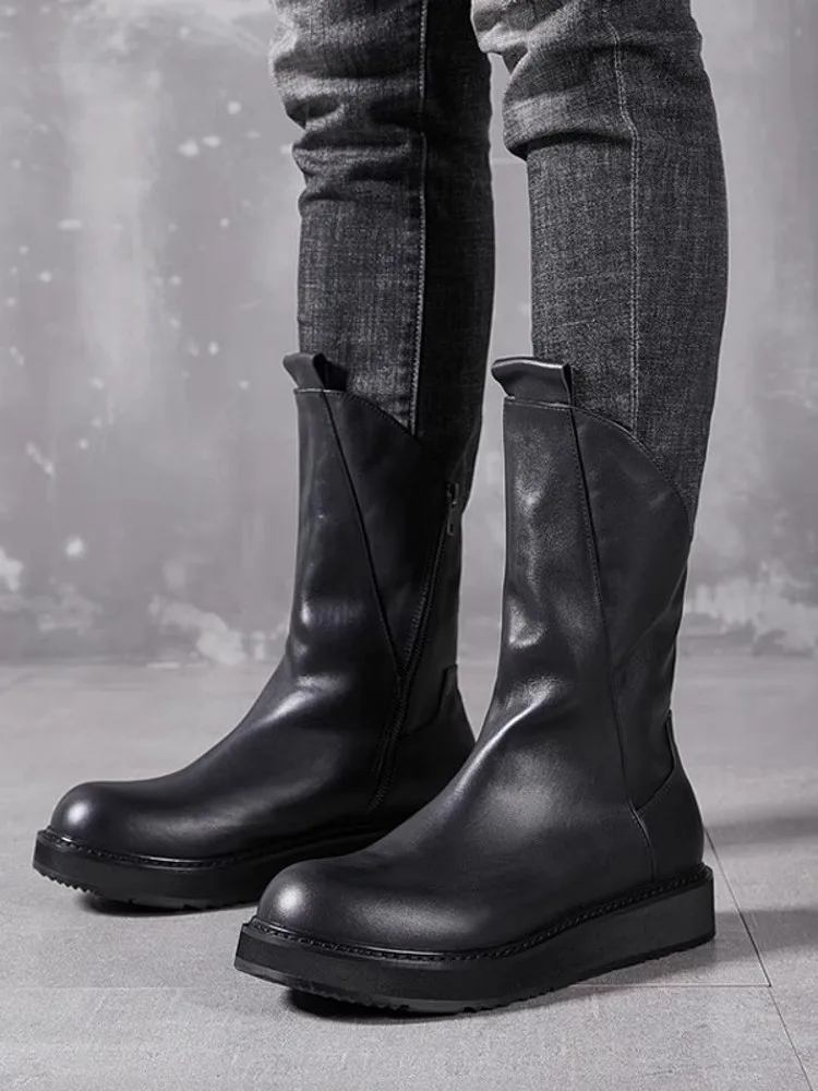 Vintage Men Mid Calf High Top Boots Zip Thick Platform Motorcycle Riding Shoes Winter Fleece Liner Cowhide Genuine Leather Boots
