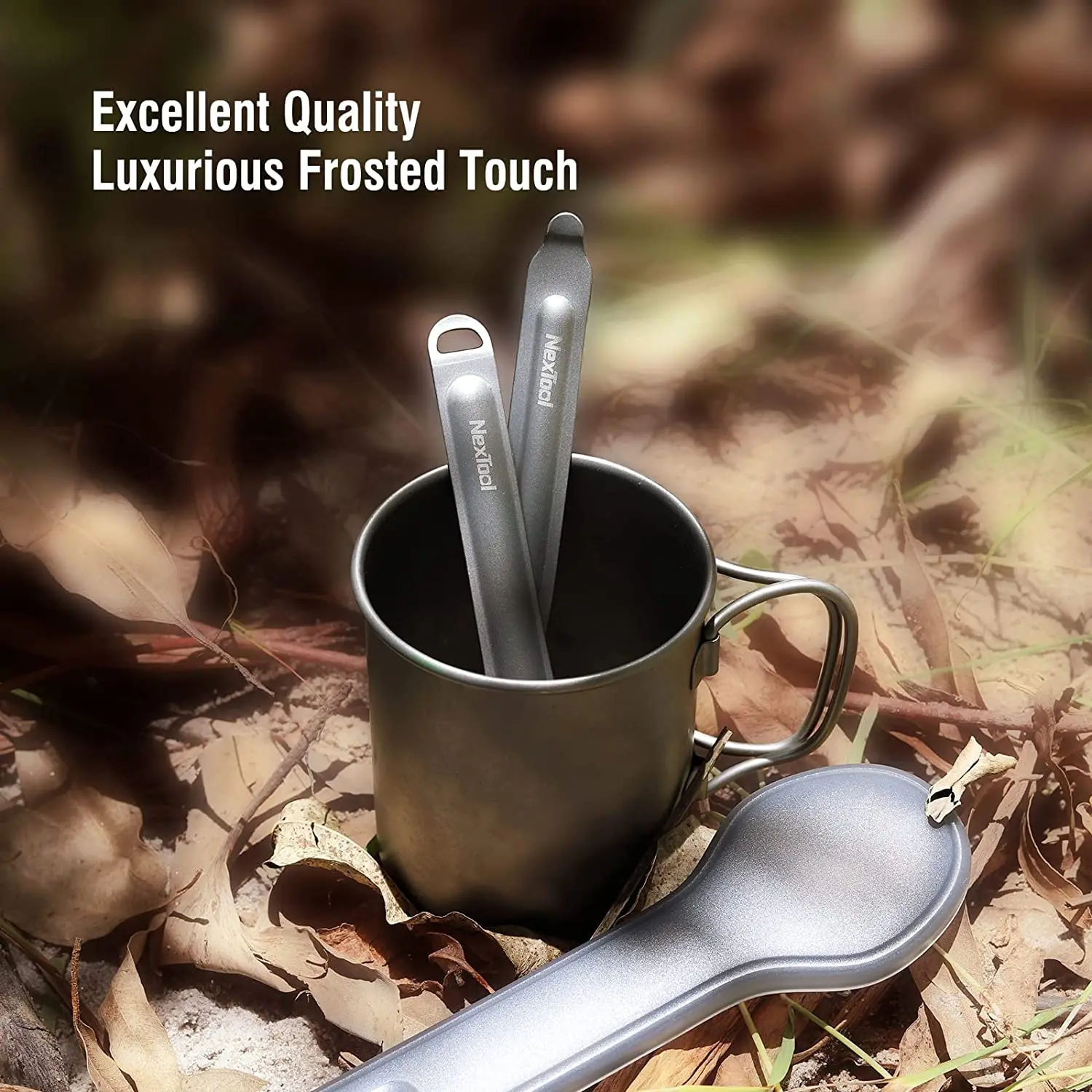 NexTool Outdoor Pure Titanium Spork and Spoon Reusable Camping Tableware Set with Case for Camping 6.29-Inch Long Handle