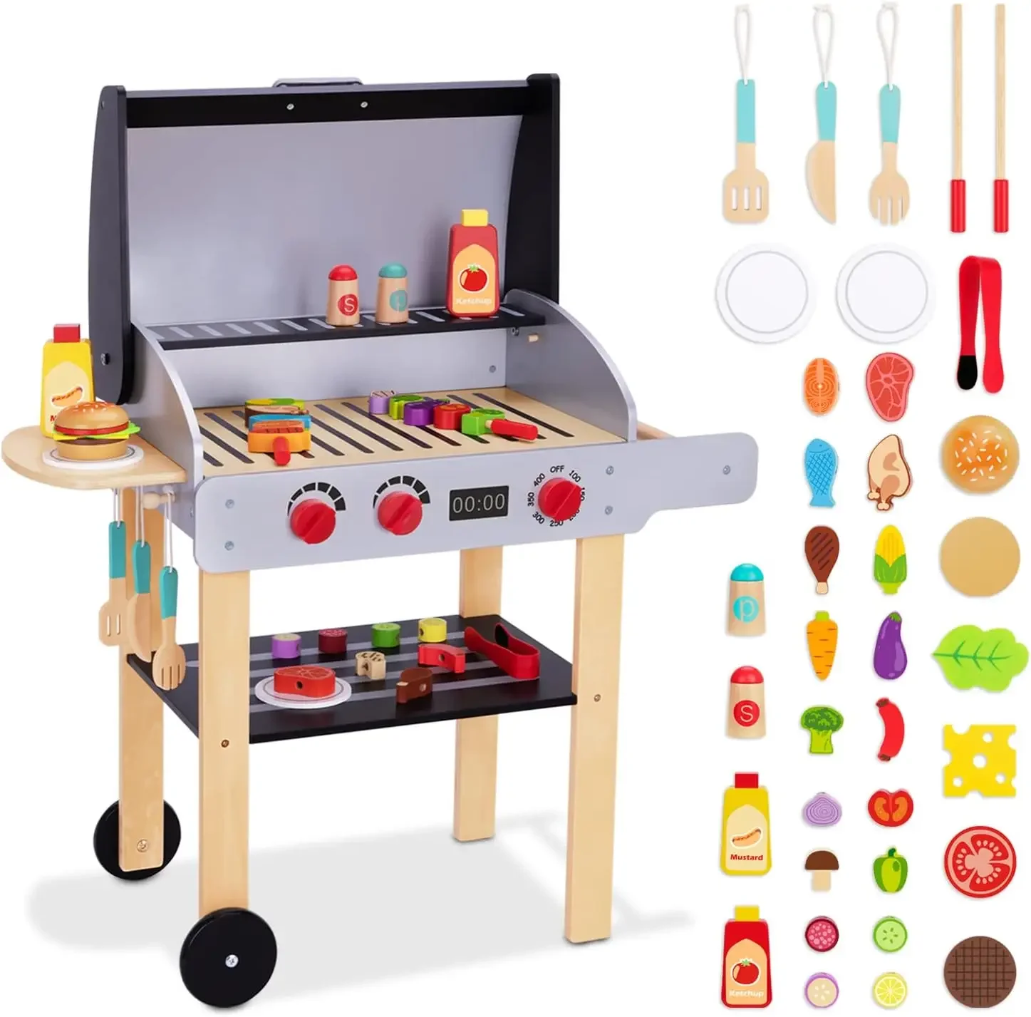 Wooden Play Barbecue Toy Grill, Kids Grill Playset with Play Food & Grilling Tools, Fun Kitchen Accessories for Kids