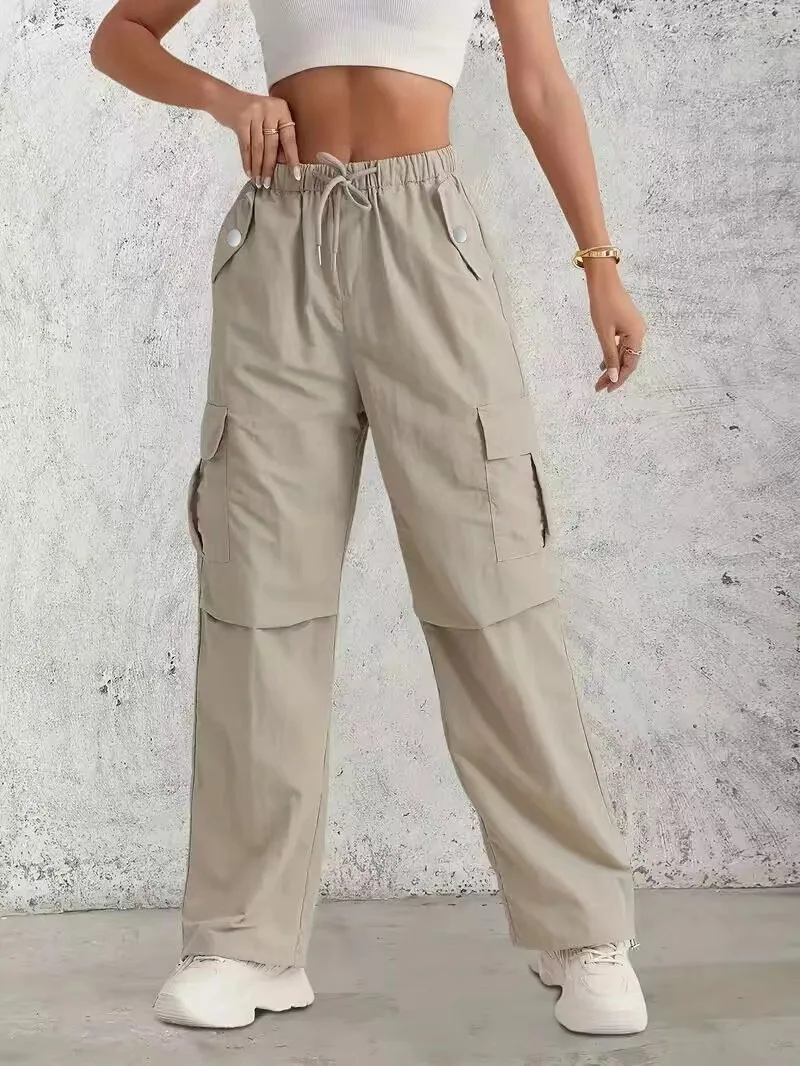 Adjustable Front Tie Elastic Waist Cargo Pants Relaxed Fit Straight Wide Leg with Big Cargo Pockets Side Button Decor Casual Out