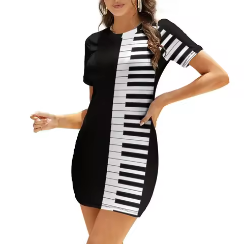 Piano Keyboard Short-Sleeved Dress chic and elegant evening dress clothes for woman Woman's evening dress