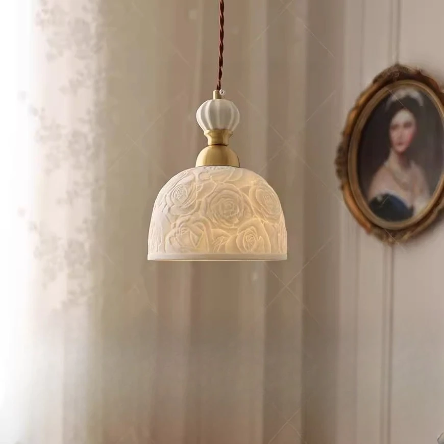 

Rose ceramic decorative chandelier bar counter bedside entrance corridor balcony European retro atmosphere brass lamp