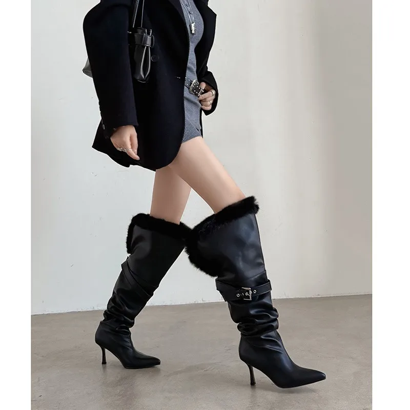 MKKHOU Fashion Over The Knee Boots Women New High-Quality Genuine Leather Boots Pointed Belt Buckle Plush Boots Winte High Boots